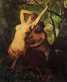 Dans un bois, un centaure féminin au premier plan, les bras levés au ciel, est attrapée par la taille par un centaure masculin au second plan qui semble la pourchasser.