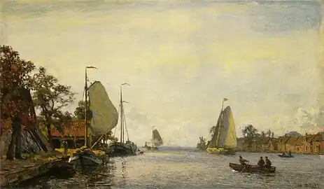 Paysage avec des bateaux à voile en été