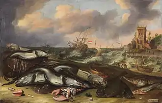 Avec Abraham Willaerts, Nature morte de poissons avec une mer orageuse, 1636.