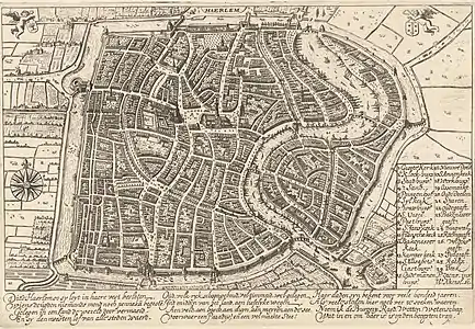 Carte de Haarlem parue dans l'ouvrage de Samuel Ampzing, Beschrijvinge ende lof der stad Haerlem in Holland (1628)