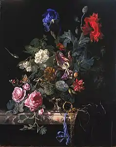 Nature morte de fleurs avec montre (1663), de Willem van Aelst.