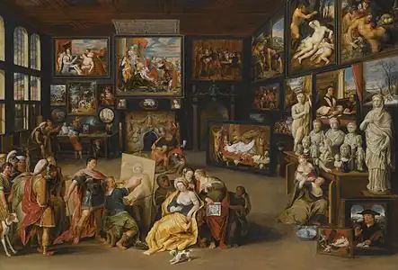 Alexandre le Grand visite l'atelier d'Apelle, 1628-1637 : la toile du Titien est en haut à gauche