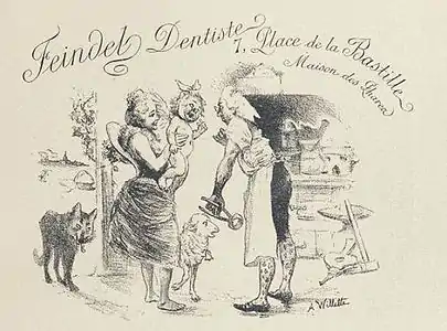 Carte de visite de Feindel, dentiste, place de la Bastille à Paris, av. 1900.