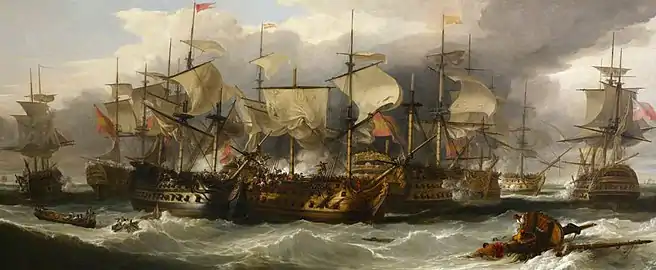 « La bataille du cap Saint-Vincent, 1797 », tableau de William Allan (1782-1850) en 1845. Au premier plan central de gauche à droite, le HMS Captain, deux-ponts de 74 canons commandé par Nelson, alors capitaine, capture le San Nicolás, deux-ponts de 80 canons (vus de proue tribord), et le San José, trois-ponts de 112 canons (vu de poupe tribord/droite).