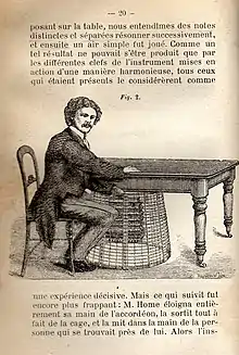 2) En présence de Daniel Dunglas Home, l'accordéon joue une mélodie « tout seul ». La suite de la phrase coupée en fin de page est : « Alors l'instrument continua à jouer, personne ne le touchant et aucune main n'étant près de lui ».