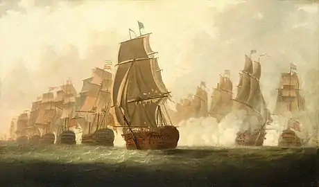 « Le navire amiral HMS Victory à la bataille du Cap Saint-Vincent de 1797 » : le même épisode que précédemment vu sous un autre angle avec le Victory au premier plan. Tableau  attribué au lieutenant William Elliott (peintre) (en).