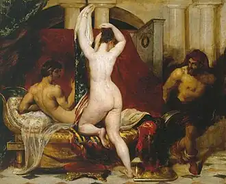 Photographie en couleurs d'un tableau montrant une femme nue, à la chair claire, de dos, entre un homme nu allongé sur une banquette richement décorée, et un autre homme se dissimulant à moitié.