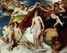 Femme nue debout, entourée de personnes nues, couronnée par quatre personnages peu vêtus.