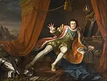 Tableau en couleur représentant l'acteur Garrick habillé en Richard III, assis sur un lit de draperies dans une attitude de désespoir. À ses pieds, un ensemble d'armures et derrière lui un crucifix.