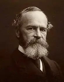 Photo de William James prise dans les années 1890. Une moustache abondante et une barbe courte envabissent le bas du visage. James fixe l'objectif de ses yeux doux et attentifs sous un front haut.
