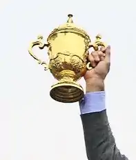 Gros plan sur la main d'un joueur qui brandit le trophée de la Coupe du monde de rugby à XV