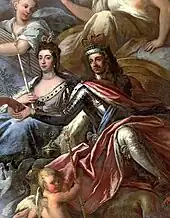 Portrait d'un couple royal entouré d'anges, la femme porte une couronne et un sceptre, l'homme vêtu d'une armure et d'un manteau est également coiffé d'une couronne