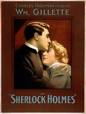 Affiche de la pièce représentant Sherlock Holmes sous les traits de William Gillette.