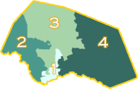 Carte du comté découpé en quatre secteurs numérotés