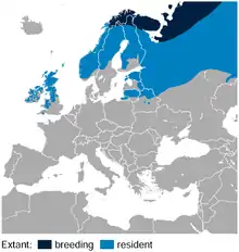 Répartition géographique du lagopède des saules en Europe, avec en bleu foncé la zone de reproduction et en bleu clair la zone d'habitat.
