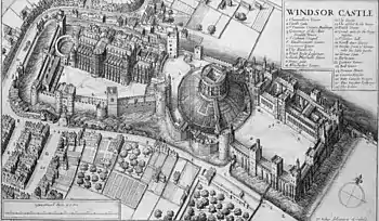 Gravure détaillée d'un château vue depuis les airs. Le château est divisé en trois parties avec un monticule circulaire au milieu au-dessus duquel se trouve un donjon. Les bâtiments et les murs semblent bas et larges depuis cet angle de vue.
