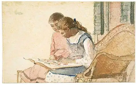 Two Girls Looking at a Book, vers 1877.