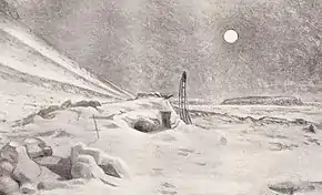  Vue d'artiste : une pleine lune se détache sur un ciel sombre ; sur le sol, un tas de neige présentant une petite ouverture carrée représente l'abri, avec un traîneau fiché dans la neige à l'extérieur. Les environs sont composés de neige et de champs de glace.