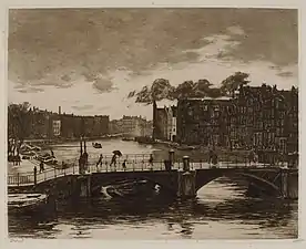 L'Amstel et le pont de Halvemaansbrug (Amsterdam) (nl) par Willem Witsen, et sur la droite, les numéros 84 à 120 de l'Amstel vers 1906