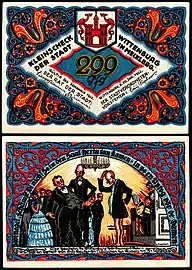 Billet de 299 pfennings de 1922 à Wittenburg présentant une illustration du livre Anecdotes et comptines de Fritz Reuter, pratique peu habituelle dans l'hyperinflation de la république de Weimar.