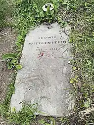 Photographie de la sépulture de Ludwig Wittgenstein, prise par la végétation ; elle consiste en une plaque avec inscription au sol.