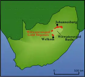 Carte de localisation simplifiée du Witwatersrand.