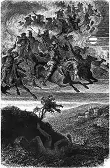 Illustration monochrome d'une troupe de cavaliers brandissant des lances et paraissant surgir du ciel.