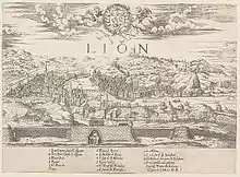 Gravure en noir et blanc montrant Lyon vue depuis la Croix-Rousse, au-delà des remparts.