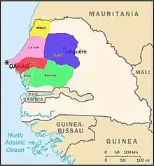 Etats constituant de l'empire du Djolof en 1400.