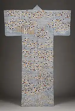 Katabira. Décor peint yûzen, teinture par impression à la planche, broderie de fils de soie et d'or, sur un ramie tissé-brut (asa, av. fibres du liber), fin XVIIIe -début XIXe siècle, LACMA.