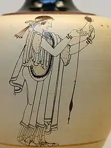 Vase à fond blanc, vers 490 av. J.-C. Femme filant.