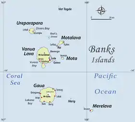 Carte des îles Banks. Merig se trouve entre Gaua et Merelava.