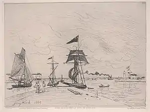 Jetée en bois dans le port de Honfleur (1865), eau-forte publiée par la Société des aquafortistes.