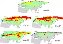 5 cartes de l'hémisphère nord de la planète, avec indication du climat favorable aux mammouths à diverses périodes.