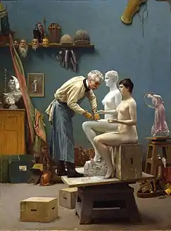 Travail du marbre, 1890, Dahesh Museum of Art ; Gérôme se représente en train de sculpter Tanagra .
