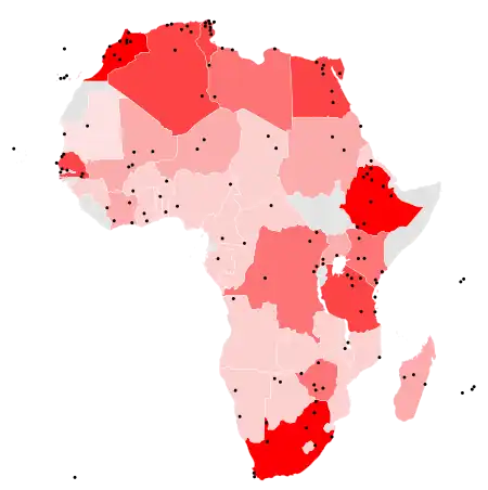 A map of World Heritage Sites in Africa as of 2016. The northern, eastern, and southern parts of the continent are relatively dense with sites ; in contrast the western coast is home to relatively few.