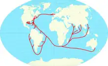 Carte du monde avec des lignes rouges dans les océans reliant la Nouvelle-Angleterre à diverses régions du monde.