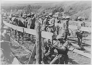 Des soldats américains du génie mettent en place des barbelés dans le saillant de Saint-Mihiel en septembre 1918.