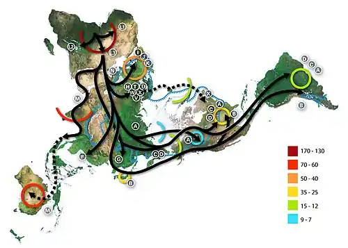 Carte des migrations humaines déduite d'études phylogénétiques du génome mitochondrial humain.