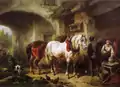 Chevaux et personnes dans une cour