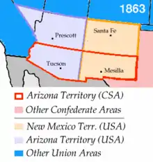 Les territoires d'Arizona (mauve) et du Nouveau-Mexique (orange) en 1863. En rouge, l'Arizona confédéré.