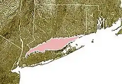 Carte du Long Island Sound (en rose) entre les côtes du Connecticut (au nord) et de Long Island (au sud).