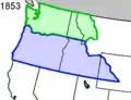 Le territoire de l'Oregon (bleu) et le territoire de Washington (vert) en 1853.