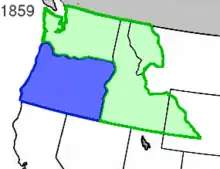 L'État de l'Oregon (bleu) et le territoire de Washington (vert) en 1859.