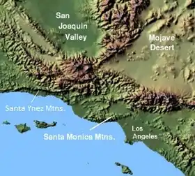 Carte du bassin de Los Angeles avec les monts Santa Ynez à l'ouest.