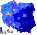 Les principales voix pour Droit et Justice sont en bleu foncé. Le PiS a bénéficié d'un soutien accru lors des élections législatives polonaises de 2019.