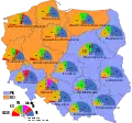 Élections locales polonaises de 2018 aux assemblées régionales (voïvodies) PiS (en bleu), KO (en orange).