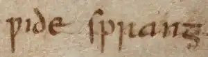 ‹ ƿide ſpꞅanᵹ › (wide sprang) avec le wynn et le p clairement distincts (Cotton MS Vitellius A XV f. 132r, ligne 17).