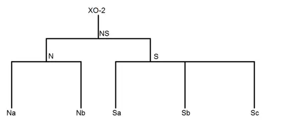 Le système XO-2 (structure du type « 2+3 ») : deux étoiles (Na et Sa), la première entourée d'une planète (N b), la seconde de deux planètes (S b et S c).