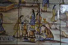 Carrelage jaune, brun et bleu montrant des personnages en costume du XVIIe siècle qui préparent la boisson dans des pots et d'autres qui se servent